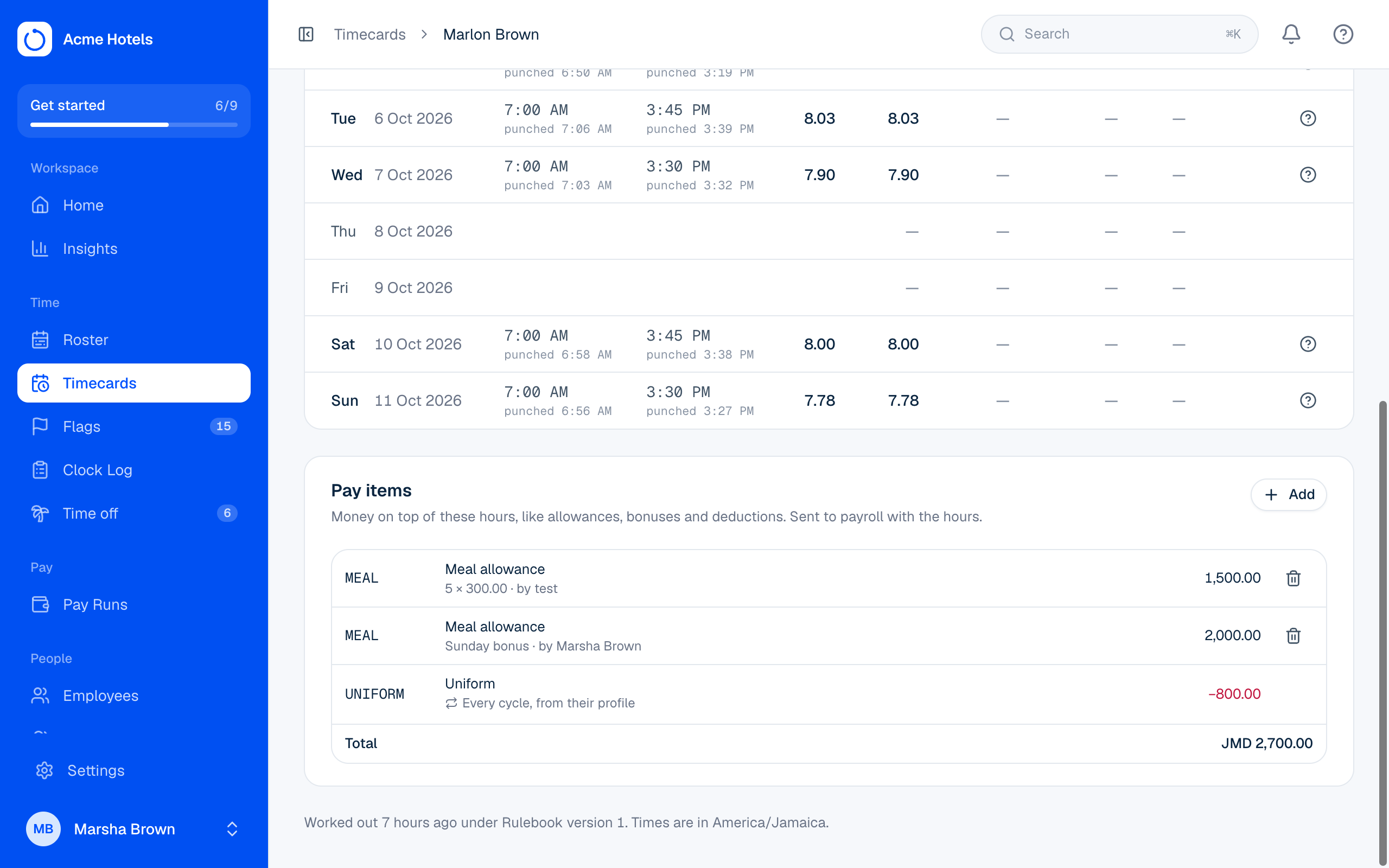 Pay items on a timecard